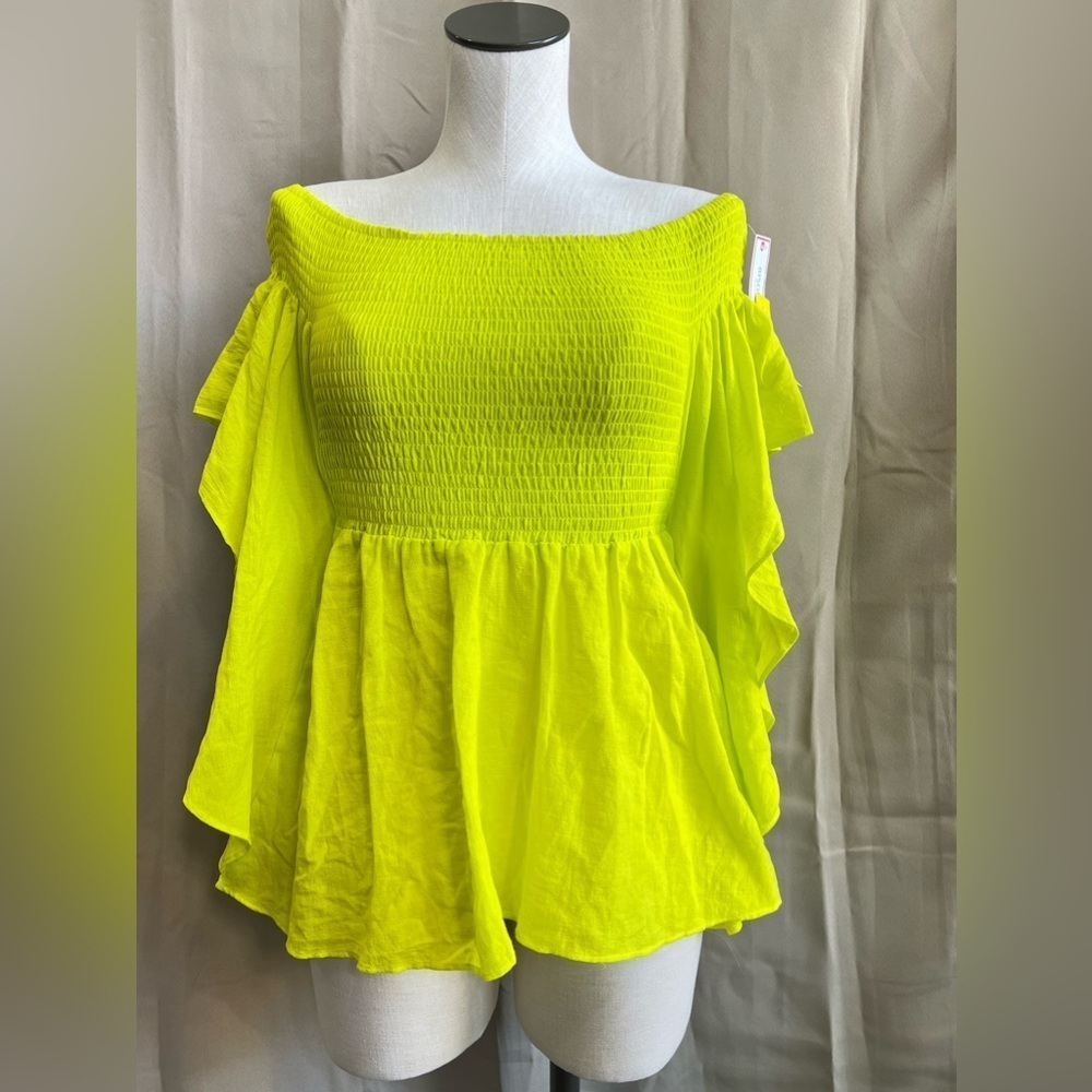 NWT Bisou Bisou Bright Yellow Green Smocked Off Shoulder Top S